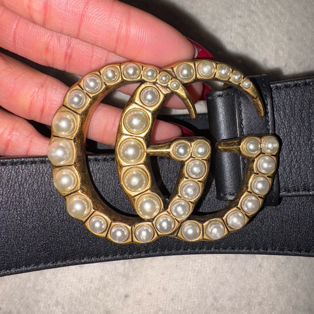 Gucci Moon Calfskin Pearl Double G 40mm Belt 75 30 Black Cream - Picture 5 of 10